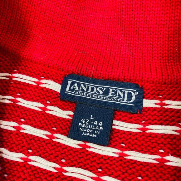 Lands End Sweater Mend Large Red Knit 1/4 Quarter Zip Nordic Fair Isle Cotton - Picture 2 of 10